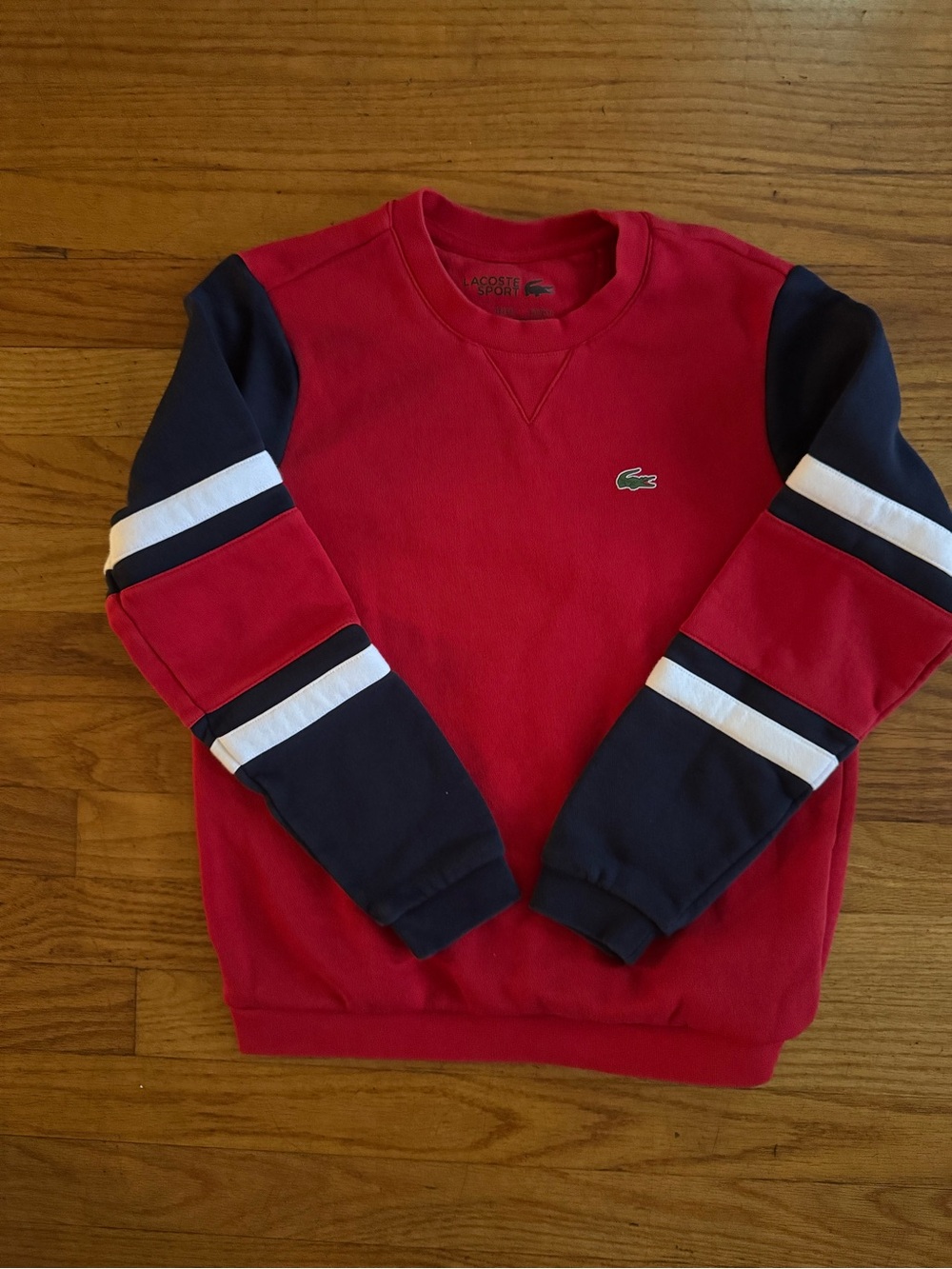 Lacoste Red Sweatshirt with Navy and White Sleeve Stripes